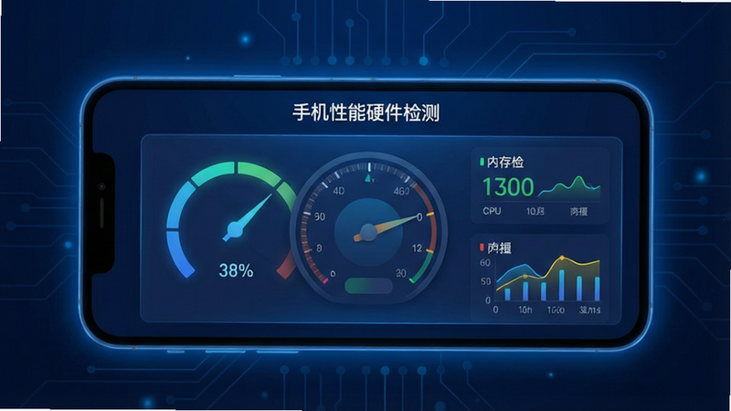 一张高清的手机应用界面概念图,主体为深蓝色科技风格背景,中央悬浮着发光的仪表盘UI元素,显示着CPU占用率、内存使用量等动态图表,屏幕边缘有淡淡的蓝色光晕,文字内容包含