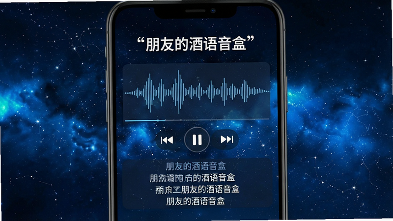 生成一张高清晰度的手机应用界面图,主体是“朋友的酒语音盒”安卓APP运行画面,布局居中,显示正在播放的音频波形图和歌词滚动效果,背景为深蓝色星空风格,细节丰富,画质4k,干净无多余元素,文字“朋友的酒语音盒”加引号显示在顶部