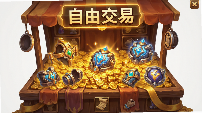 游戏内物品交易界面,主体为堆满金币和发光装备的交易摊位,布局紧凑有序,排版清晰,风格为暖色调游戏UI设计,细节展示装备光泽,高清画质,干净背景,文字“自由交易”高亮显示