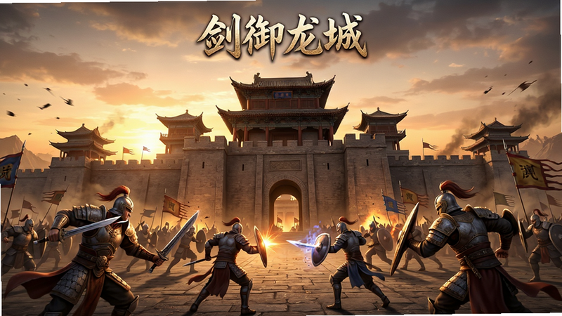 游戏主界面全景图,主体为宏伟的龙城城楼,背景是夕阳下的战场,前景有多个身穿铠甲的角色正在战斗,布局宏大,排版对称,风格为写实3D渲染,细节丰富,高清画质,干净无多余元素,文字“剑御龙城”位于顶部中央