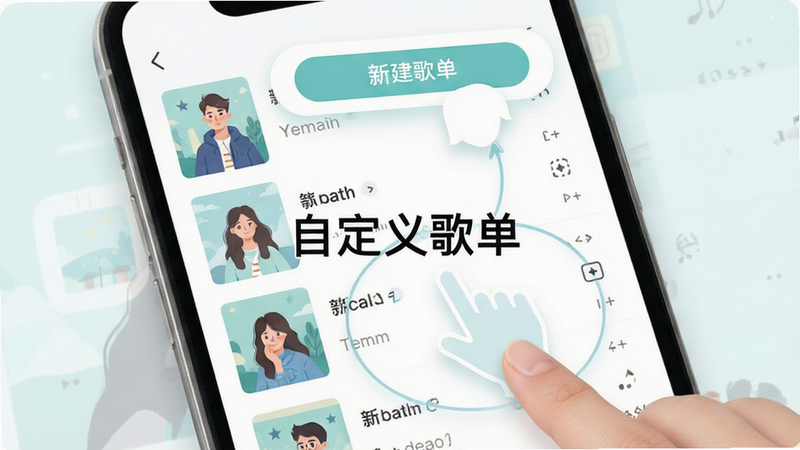 手机APP界面展示歌单编辑页面,主体是歌曲列表和“新建歌单”按钮,布局灵活可调,排版现代简洁,风格为清新插画风,细节展示拖拽排序的手势动画,画质高清,干净,无多余元素,界面中央显示文字“自定义歌单”
