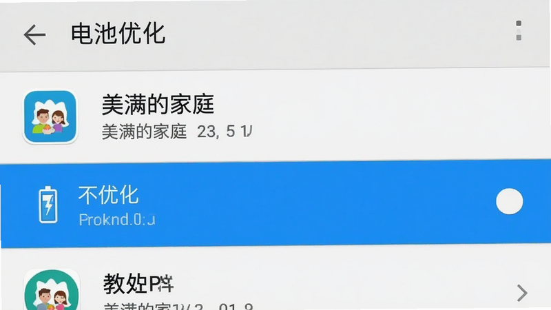 手机设置界面截图,展示“电池优化”选项,主体是应用列表中的“美满的家庭”,布局垂直居中,排版清晰易读,风格为安卓原生设置UI,细节展示“不优化”选项的高亮状态,画质清晰,干净,无多余元素,文字清晰可见