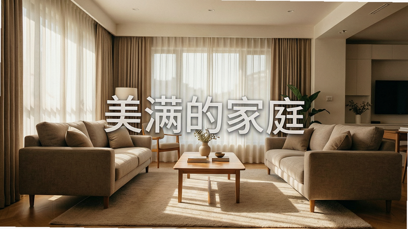 一张温馨现代客厅全景图,主体是舒适的布艺沙发和木质茶几,布局开阔明亮,排版简洁大气,风格为暖色调写实摄影,细节展现柔和阳光透过窗帘洒在地毯上,画质高清,干净,无多余元素,图片中央悬浮半透明文字“美满的家庭”