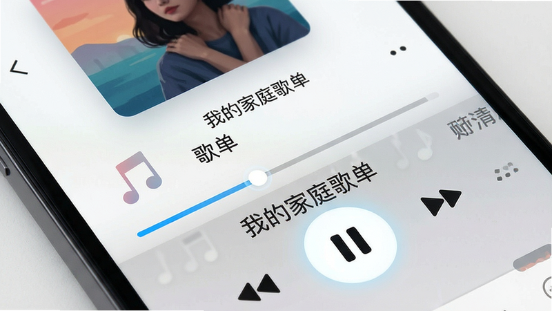 手机APP界面特写,显示着音乐播放器界面,主体是正在播放的进度条和专辑封面,布局清晰直观,排版为现代扁平化设计,风格简约科技,细节展示触控按钮的高亮效果和歌词滚动动画,画质清晰,干净,无多余元素,界面中央显示文字“我的家庭歌单”