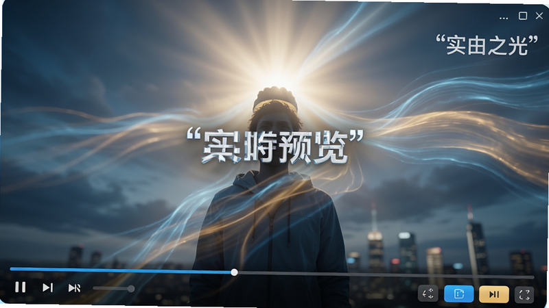 主体为“自由之光”实时预览界面,布局全屏显示视频画面,底部有播放控制条,风格为流畅动态感,细节显示画面中的光影流动效果与控制按钮的高亮状态,画质高清,干净,无多余元素,文字“实时预览”加引号
