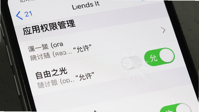 主体为手机设置界面,布局显示“应用权限管理”列表,风格为系统原生UI,细节高亮显示“自由之光”的权限开关状态,画质清晰,干净,无多余元素,文字“允许”加引号