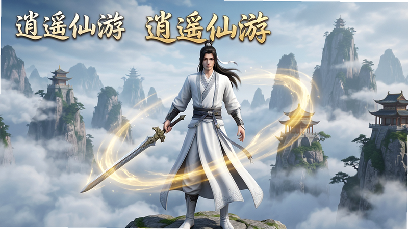 主体为《逍遥仙游》游戏主界面,背景是云雾缭绕的仙侠山峰,中央有一位身着白衣的仙侠角色手持长剑,周围环绕着金色灵气特效,布局采用中心构图,排版整洁,风格为写实3D渲染,细节丰富,画质高清,干净无多余元素,文字“逍遥仙游”清晰可见