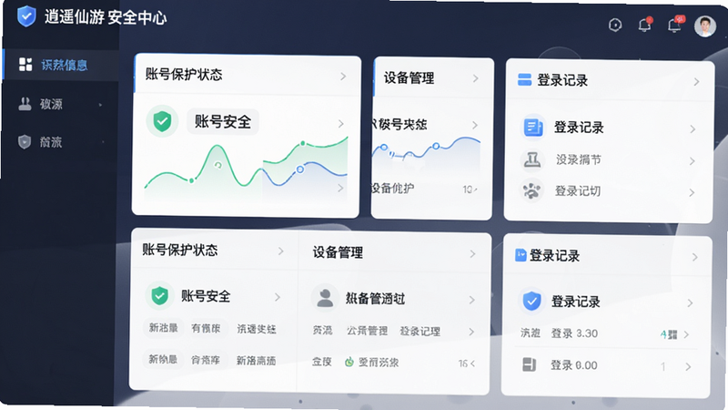 主体为《逍遥仙游》安全中心界面,展示账号保护状态、设备管理、登录记录等模块,布局网格化,排版整齐,风格为商务UI,细节严谨,画质清晰,干净,文字“账号安全”清晰
