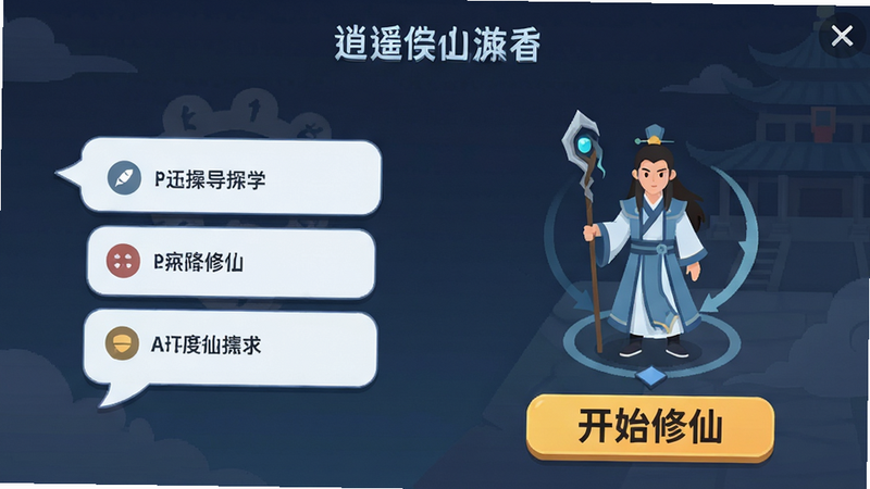 主体为《逍遥仙游》新手引导界面,左侧为操作提示气泡,右侧为角色跟随指引,布局简洁,排版有序,风格为扁平化UI,细节清晰,画质好,干净,文字“开始修仙”醒目
