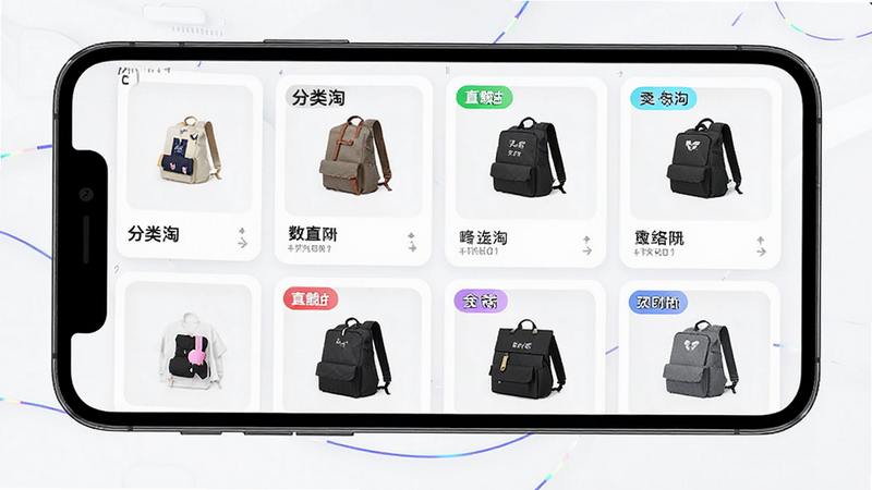 “分类淘”App内的智能推荐界面预览,主体为手机屏幕,布局采用网格状卡片展示,排版紧凑且留白合理,风格科技感强,细节显示不同颜色标签区分商品类别,画质高清,干净无杂质