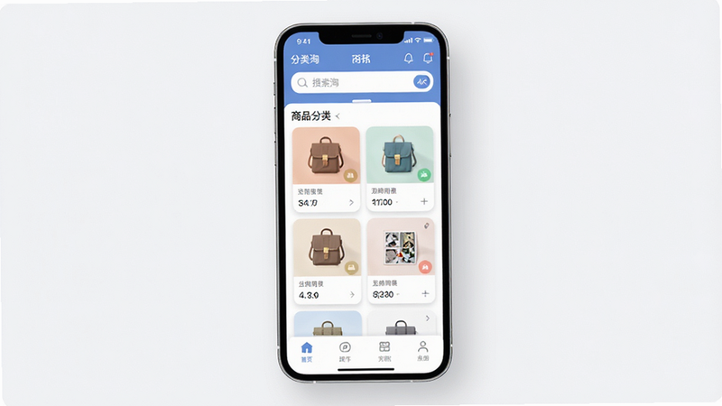一张展示“分类淘”App核心界面的高清UI设计图,主体为手机屏幕,布局清晰分为顶部搜索栏、中部商品分类卡片和底部操作栏,排版整洁有序,风格为现代扁平化设计,细节包含柔和的阴影效果和清晰的图标,画质4k,干净无多余元素