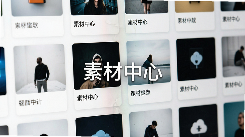 软件素材库界面特写,主体为网格状图片展示,布局整齐,每张卡片显示缩略图与标题,风格极简,高分辨率,细节丰富,干净,无水印,文字‘素材中心’居中显示