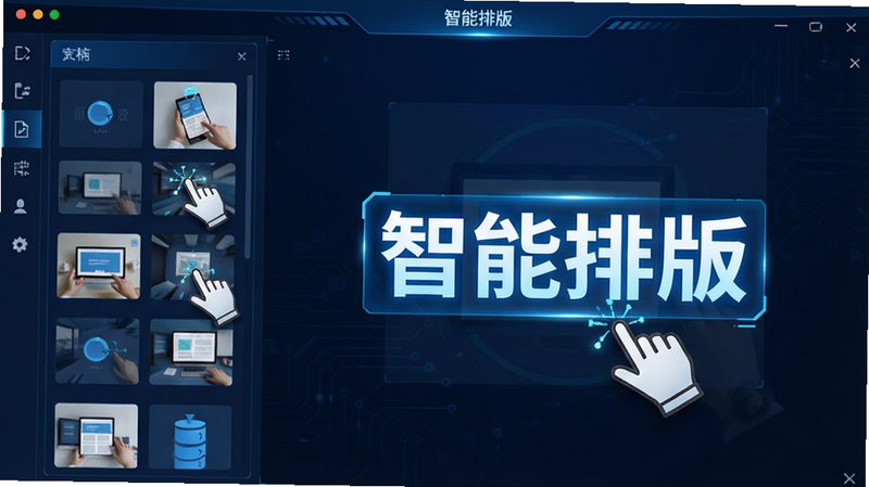 课件编辑界面演示,主体为拖拽式排版操作,布局左侧素材栏右侧预览区,风格科技感,蓝色调,细节展示鼠标拖拽手势,高清,干净,无干扰元素,文字‘智能排版’高亮显示