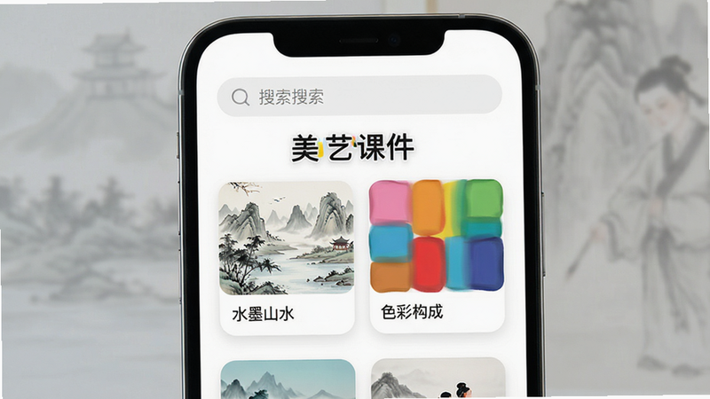 高清手机界面展示,主体为‘美艺课件’APP首页,布局清晰,顶部有搜索栏,下方展示‘水墨山水’、‘色彩构成’等分类卡片,风格简洁现代,白色背景,UI元素圆润,高清,无多余元素,中文文字‘美艺课件’清晰可见