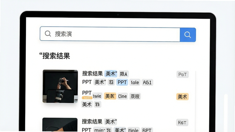 搜索界面演示,主体为搜索框与结果列表,布局简洁,风格现代,细节展示‘PPT’、‘美术’等标签高亮,高清,干净,无多余元素,文字‘搜索结果’清晰