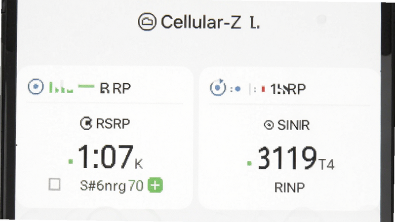 һ�� Cellular-Z Ӧ�ý���Ľ�ͼ���ص�ͻ���ź�ǿ�Ȳ��֣���ʾ RSRP �� SINR ����ֵ������Ϊ��ɫ�������������������࣬ͻ�����ݵĹؼ��ԣ��޶���Ԫ�أ����廭��