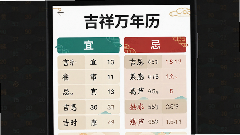 生成一张展示“吉祥万年历”黄历详情页的UI设计图,主体为列表形式,布局上下排列,上方为日期标题,下方为“宜”和“忌”两栏,排版清晰对比强烈,风格为现代扁平化结合传统色块,细节处字体清晰易读,画质高清,干净,无多余装饰,文字包含“宜”、“忌”、“吉时”