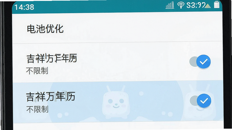 生成一张手机设置界面的示意图,主体为“电池优化”设置项,布局为列表形式,高亮显示“吉祥万年历”条目,排版清晰,风格为安卓原生风格,细节处显示“不限制”选项被选中,画质清晰,干净,无其他干扰项,文字包含“电池优化”、“吉祥万年历”、“不限制”