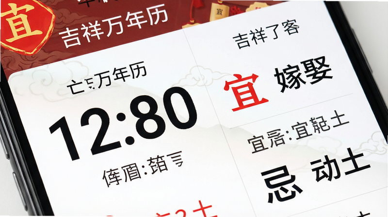 生成一张高清手机屏幕特写图,主体为“吉祥万年历”安卓应用界面,布局为左侧显示大号公历日期,右侧显示农历及宜忌信息,排版整洁有序,风格为简约中国风,细节处可见清晰的红色“宜”字与黑色“忌”字,画质4k,干净无多余元素,文字包含“吉祥万年历”、“宜嫁娶”、“忌动土”