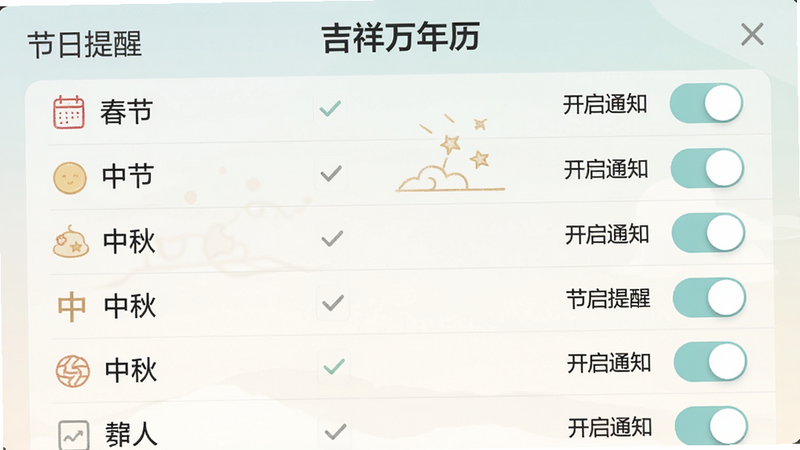 生成一张“吉祥万年历”节日提醒设置界面的模拟图,主体为列表勾选框,布局为垂直列表,每项包含节日名称和开关按钮,排版整齐,风格为柔和的浅色调,细节处显示“春节”、“中秋”等字样,画质细腻,干净,无杂乱元素,文字包含“节日提醒”、“开启通知”