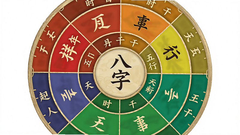 生成一张“吉祥万年历”八字排盘界面的概念图,主体为圆形天干地支盘,布局中心为年柱,四周环绕月日时柱,排版对称美观,风格为古朴典雅,细节处线条流畅,颜色区分五行属性,画质高保真,干净,无背景干扰,文字包含“八字”、“五行”、“天干”