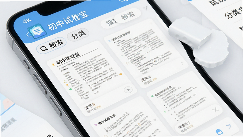 主体为手机屏幕特写,显示“初中试卷宝”应用界面,布局清晰展示试卷列表与分类标签,排版简洁现代,风格为清新教育风,细节包含高清试卷缩略图与搜索框,画质4k,干净,无多余元素
