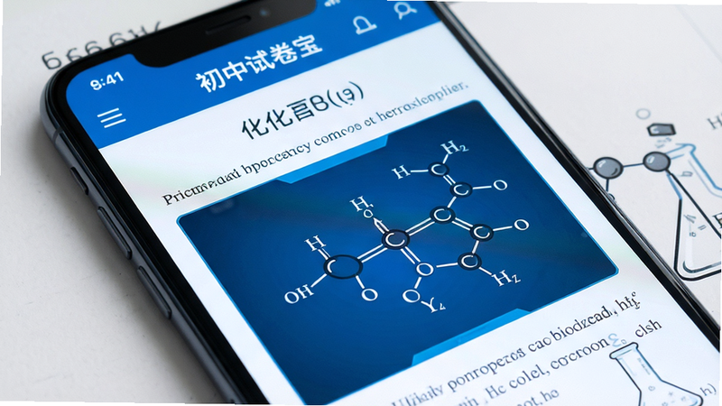主体为手机屏幕,显示“初中试卷宝”中一张高清化学试卷,布局聚焦于分子结构图,排版紧凑,风格为科技蓝调,细节展示清晰的线条与文字,画质超清,干净,无多余元素