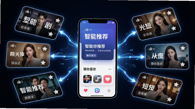 展示“晶短剧”APP推荐算法逻辑的示意图,主体为中间的手机屏幕,周围环绕着不同风格的短剧封面卡片,卡片通过光线连接指向中心,布局呈放射状,风格科技感强,细节包含点赞、收藏图标,文字标签“智能推荐”、“猜你喜欢”,画质高清,干净,无多余元素
