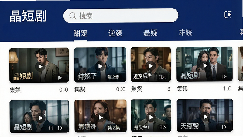一张手机界面截图,主体为“晶短剧”APP首页,布局清晰,顶部有搜索栏和分类导航(如甜宠、逆袭、悬疑),下方是瀑布流式的短剧封面缩略图,每张封面带有剧名和集数标签,整体风格现代简约,配色以深蓝和白色为主,细节处有高清视频播放图标,画质清晰,干净,无多余元素