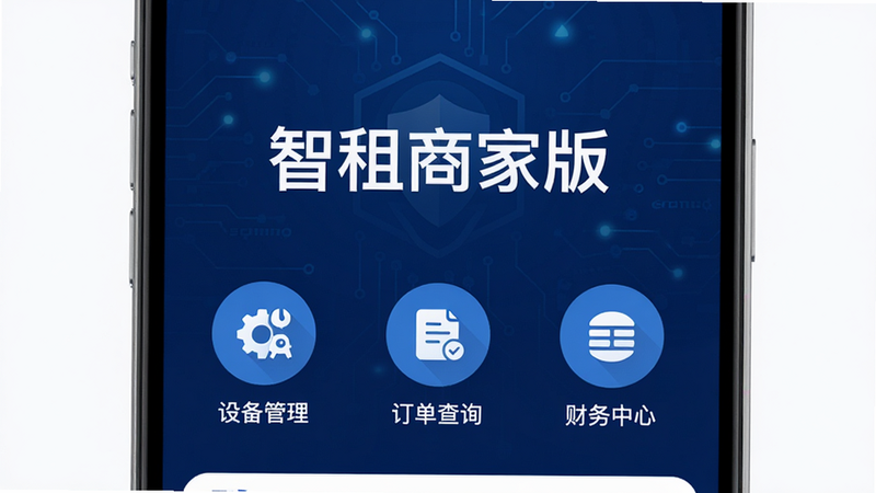 智租商家版安卓APP首页界面预览图,主体为深蓝色科技风格背景,中央展示白色“智租商家版”Logo,下方排列“设备管理”、“订单查询”、“财务中心”三个圆形图标按钮,布局居中对称,排版整洁,扁平化UI设计风格,细节清晰,高清画质,干净无多余元素