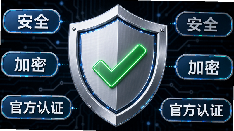 智租商家版安全认证标识展示图,主体为盾牌图标,中间有绿色对勾,周围环绕“安全”、“加密”、“官方认证”文字标签,布局中心对称,排版严谨,科技感风格,细节精致,高清渲染,干净无杂质