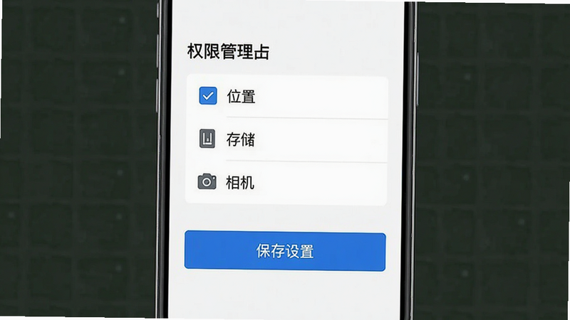 智租商家版手机设置界面示意图,主体为白色背景,中央显示“权限管理”列表,勾选“位置”、“存储”、“相机”三个选项,下方有蓝色“保存设置”按钮,布局垂直排列,排版清晰,极简扁平风格,细节清晰,高清画质,无多余装饰
