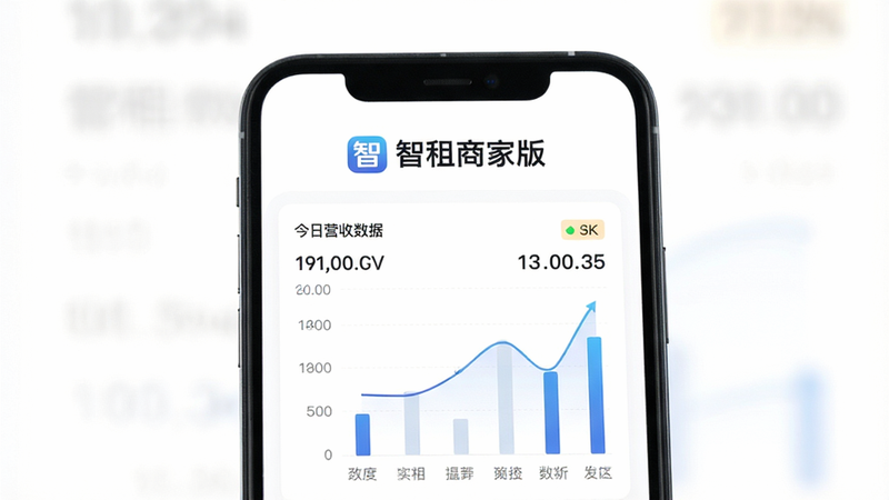 一张展示智租商家版App主界面的高清图片,主体为手机屏幕,屏幕中显示着清晰的“智租商家版”Logo和今日营收数据图表,背景为简洁的白色,布局居中,排版整齐,风格现代商务,细节包含数字字体清晰,画质8k,干净,无多余元素