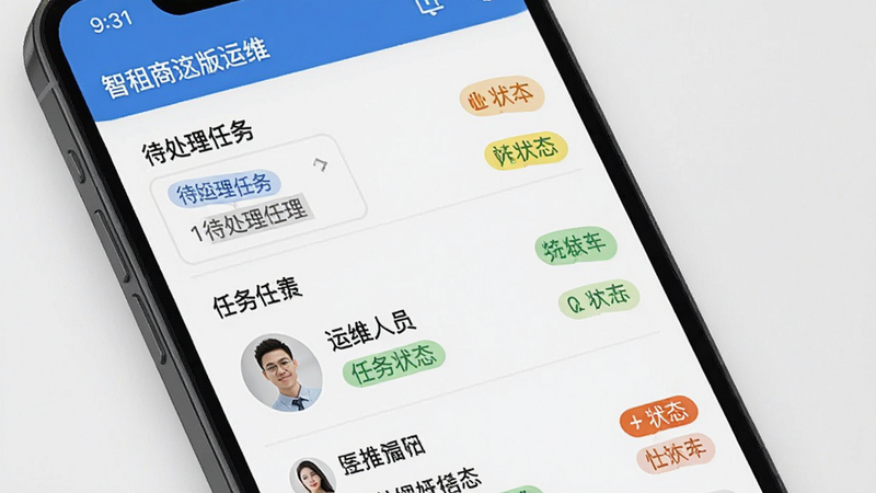 一张智租商家版运维工单列表的界面图,显示待处理任务、运维人员头像及任务状态,主体为手机界面,布局列表式,排版紧凑,风格实用主义,细节包含状态标签颜色区分明显,画质清晰,干净,无多余元素