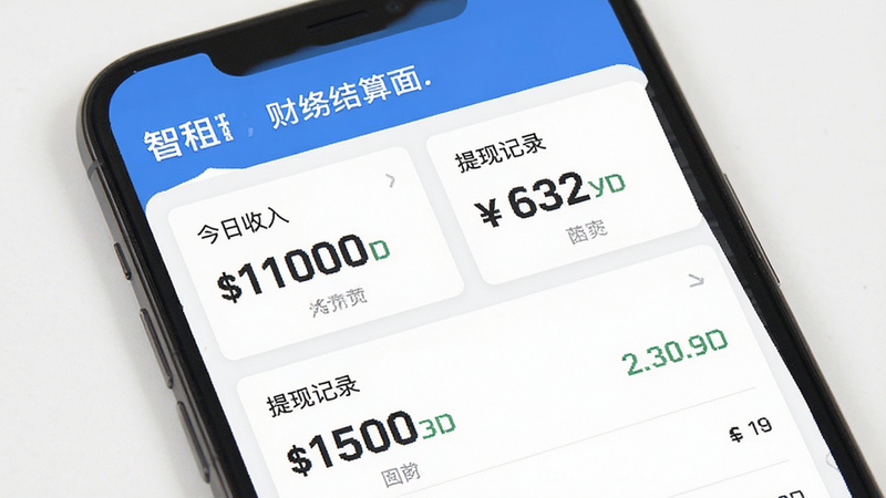 一张智租商家版财务结算界面的图片,显示“今日收入”、“提现记录”等模块,数字醒目,主体为手机屏幕,布局上下分层,排版简洁,风格扁平化,细节包含货币符号清晰,画质清晰,干净,无多余元素