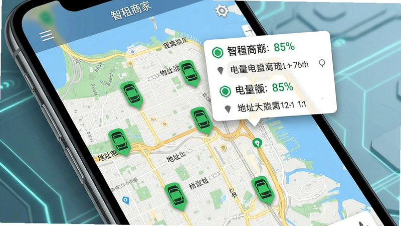 一张智租商家版地图定位功能的界面截图,显示城市地图上分布着多个代表车辆的绿色图标,旁边弹出电量百分比和地址信息,主体为手机界面,布局清晰,排版合理,风格科技感,细节包含地图纹理细腻,画质高,干净,无多余元素