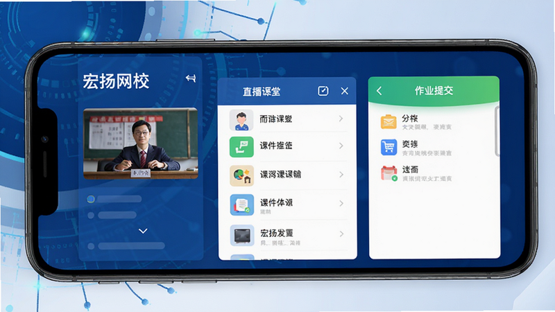 宏扬网校安卓版APP界面全景展示,深蓝色科技背景,主体为智能手机模型,屏幕显示直播课堂、课件列表、作业提交三个主要模块,布局清晰整齐,扁平化设计风格,UI元素清晰,文字显示“宏扬网校”,4K高清,无多余装饰元素,干净简洁