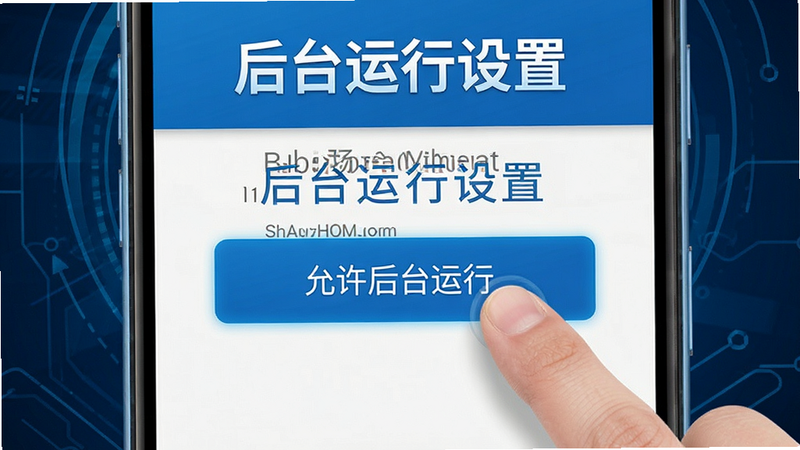 宏扬网校安卓手机设置界面教程图解,展示如何开启后台运行权限,手指点击“允许后台运行”按钮,界面简洁,蓝色科技风格,步骤清晰,文字显示“后台运行设置”,高清,无多余图标,操作指南图