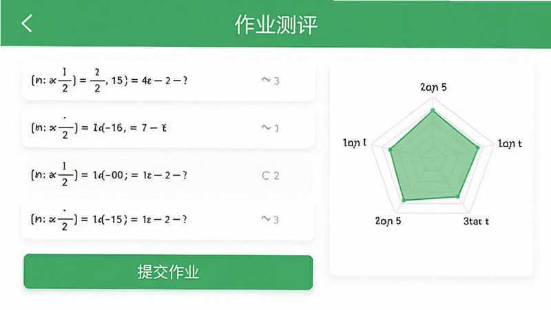 宏扬网校作业提交页面,显示数学题目列表,底部有“提交作业”按钮,右侧显示得分雷达图,绿色清新风格,手机界面截图,布局规整,文字清晰显示“作业测评”,高清,无杂乱元素,教育软件UI设计