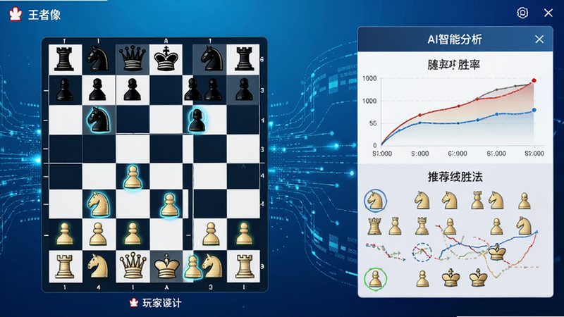 主体为王者象棋的AI对战界面,布局左侧为玩家视角棋盘,右侧弹出AI分析面板显示胜率曲线和推荐走法,背景为科技蓝渐变,细节包含数据流动效果和棋子高亮,风格为科技感与棋盘美学融合,画质锐利,干净无杂乱元素,文字标注