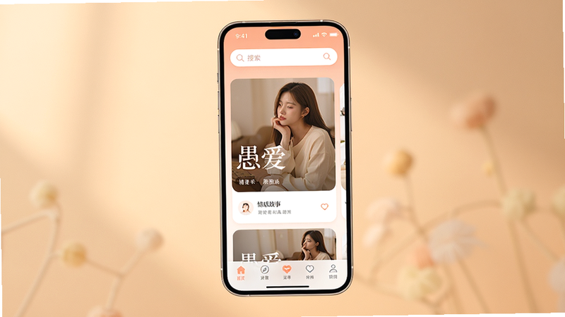 主体为手机屏幕界面,显示愚爱APP首页,背景为柔和的暖色调,布局清晰,顶部有搜索栏,中间是情感故事卡片,底部是导航栏,风格现代简约,细节精致,画质高清,干净,无多余元素,文字包含