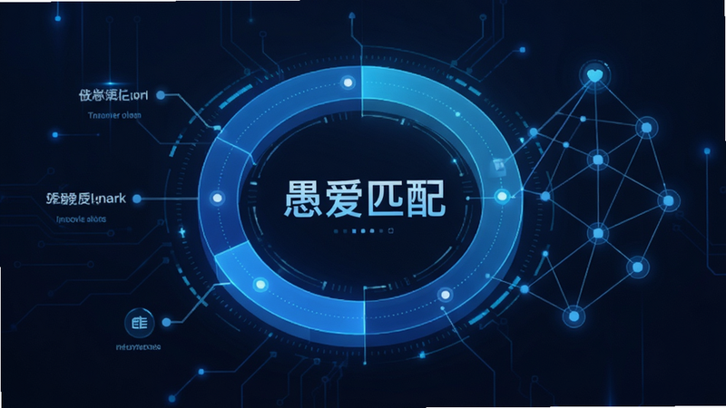 主体为数据可视化图表,展示情感匹配算法逻辑,布局为环形图与连线网络,排版科技感强,风格蓝色科技风,细节包含节点连接,画质高清,干净,无多余元素,文字包含