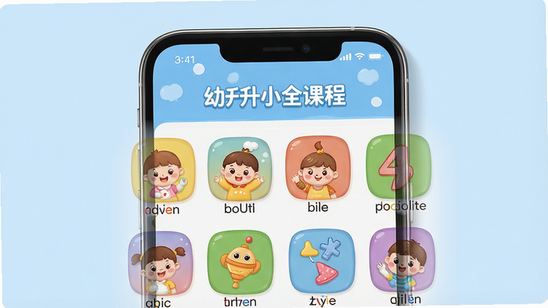 一张展示幼升小全课程APP界面的高清预览图,主体为手机屏幕,显示着色彩鲜艳的卡通风格课程目录,背景为柔和的淡蓝色,布局清晰,排版整齐,包含拼音和数学图标,风格温馨可爱,细节丰富,画质4k,干净无多余元素,文字标注为