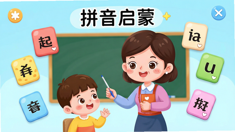 幼升小全课程APP内的拼音学习界面,画面中央是一个可爱的卡通老师正在教小朋友拼读音节,周围漂浮着声母韵母卡片,色彩明亮,布局均衡,风格活泼,细节清晰,画质高清,干净背景,文字标注为