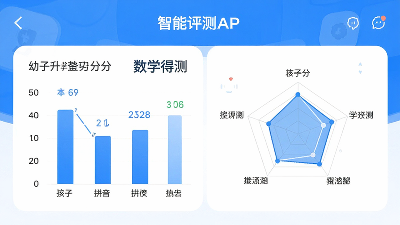 幼升小全课程APP的学习进度报告界面,展示了柱状图和雷达图,分析孩子在拼音和数学上的得分情况,界面设计简洁现代,蓝色为主色调,布局规整,排版专业,细节清晰,画质高清,干净背景,文字标注为