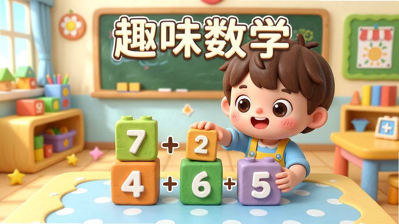幼升小全课程APP中的数学游戏场景,小朋友正在拖动数字积木进行加法运算,背景是充满童趣的教室,色彩搭配和谐,布局紧凑,风格卡通,细节精致,画质细腻,干净无杂乱元素,文字标注为