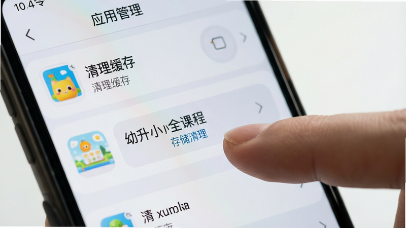 手机设置界面特写,显示“应用管理”中的“幼升小全课程”存储清理按钮,手指点击动作,背景虚化,布局清晰,风格写实,细节真实,画质高清,干净背景,文字标注为