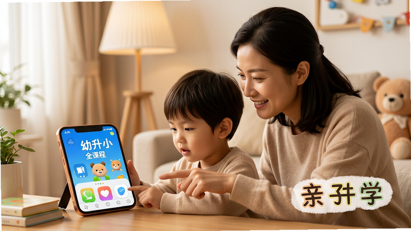家长和孩子一起使用幼升小全课程APP的温馨场景,孩子专注地看着屏幕,家长在一旁微笑指导,室内光线柔和,布局温馨,风格生活化,细节温暖,画质清晰,干净背景,文字标注为