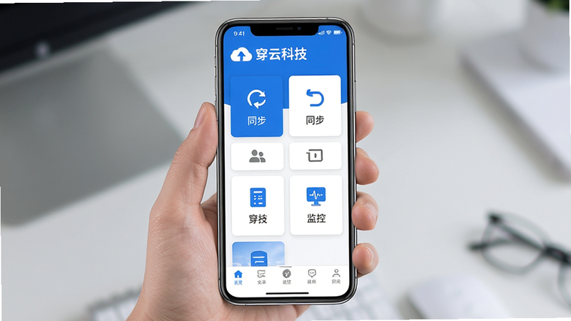 穿云科技安卓应用界面全景图,主体为手机屏幕显示穿云科技主界面,布局采用现代化卡片式设计,顶部为品牌Logo,中部为核心功能入口,底部为导航栏,风格为科技蓝与白色搭配,细节包含清晰的图标与文字标签,画质高清,干净无多余元素,文字包括