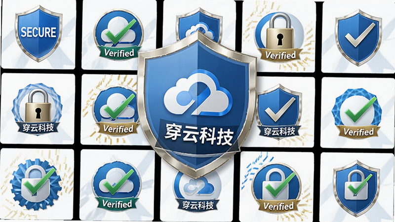 穿云科技安全认证徽章展示,主体为多个认证标志排列,布局为网格状,风格为专业商务风,细节包含盾牌、锁与对勾图标,画质高清,干净,文字包括